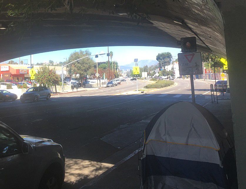 Homeless tent in Glendale Boulevard underpass in Echo Park